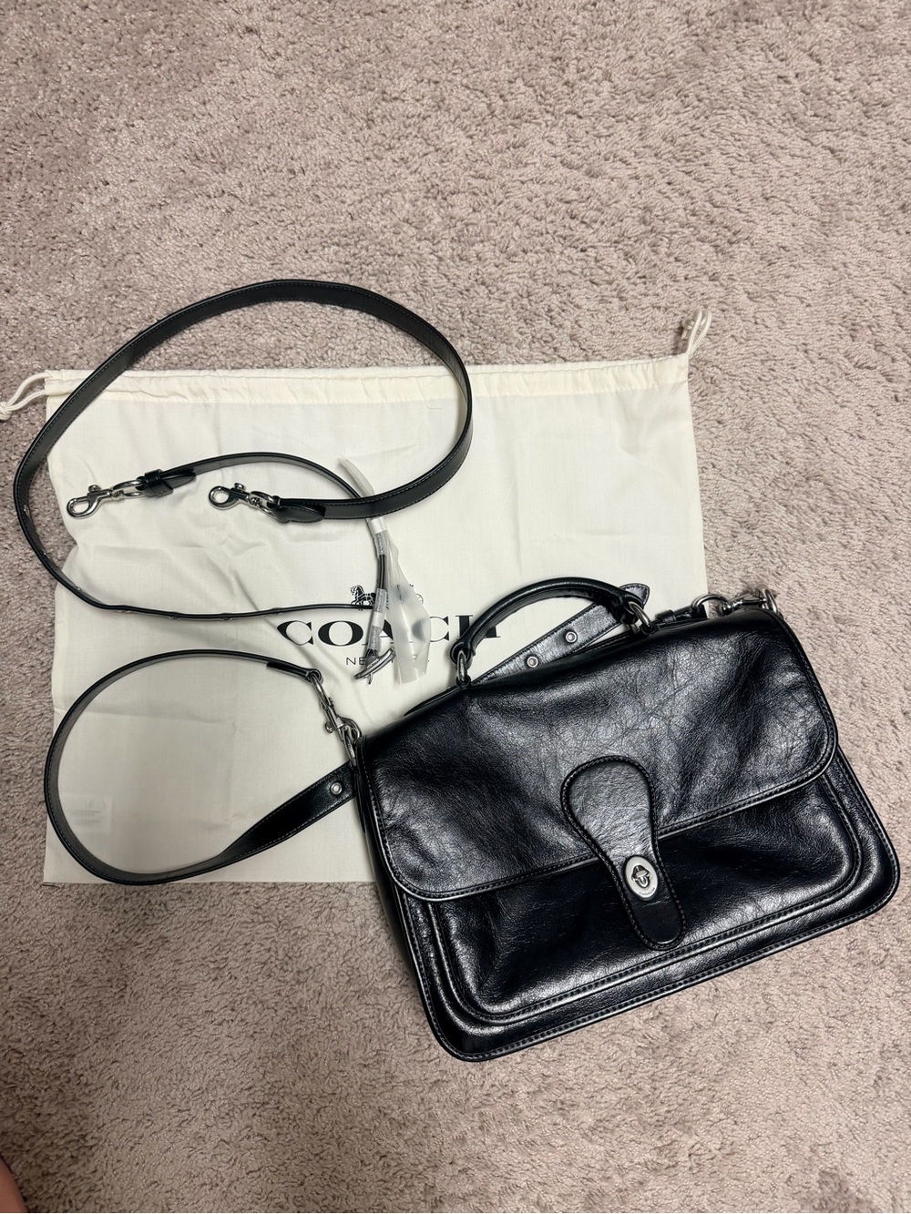 Coach Black Leather Crossbody Satchel with Turnlock NWT